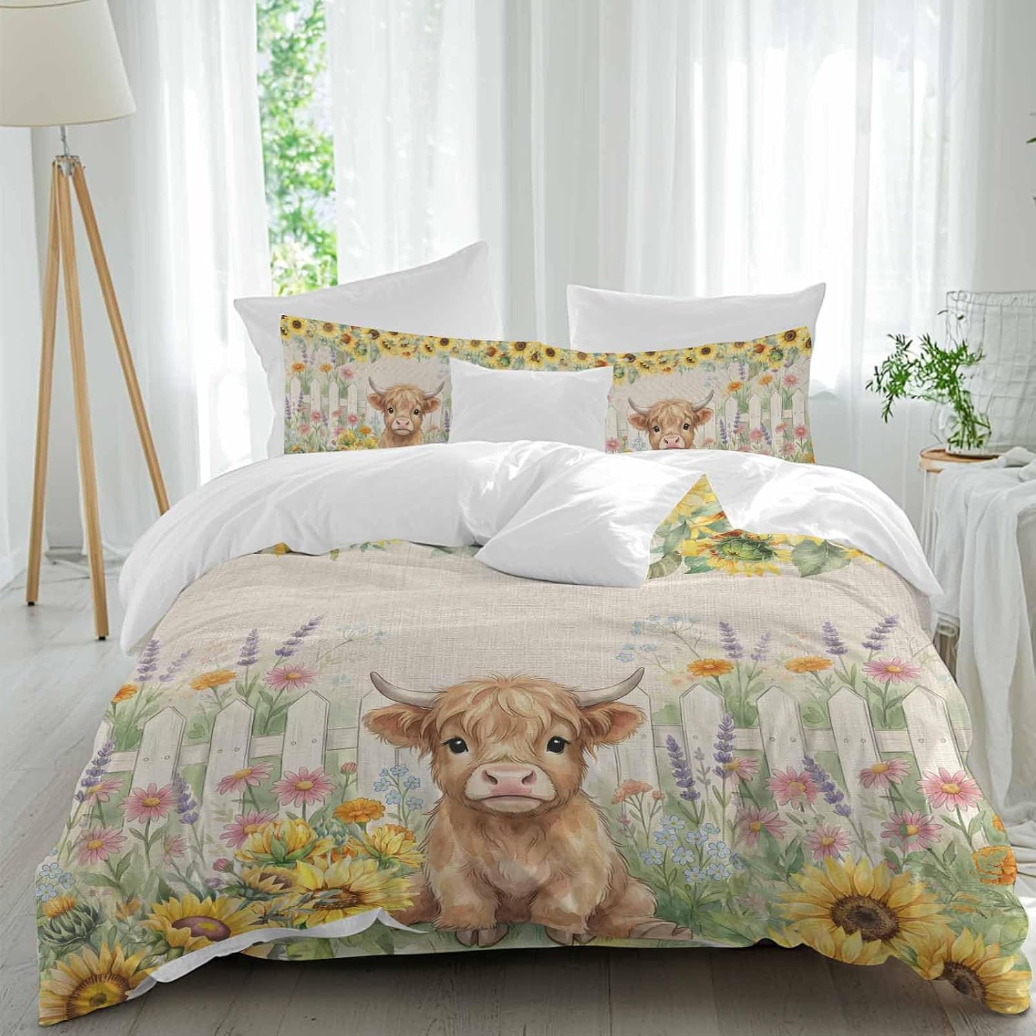Farm Highland Cattle Duvet Cover Set Queen Size 4 Pieces Farmhouse Sunflower Cow Fence Linen Texture Bedding Set with Zipper Closure, 1 Comforter Cover 92x106 Inches 1 Flat Sheet & 2 Pillow Cases