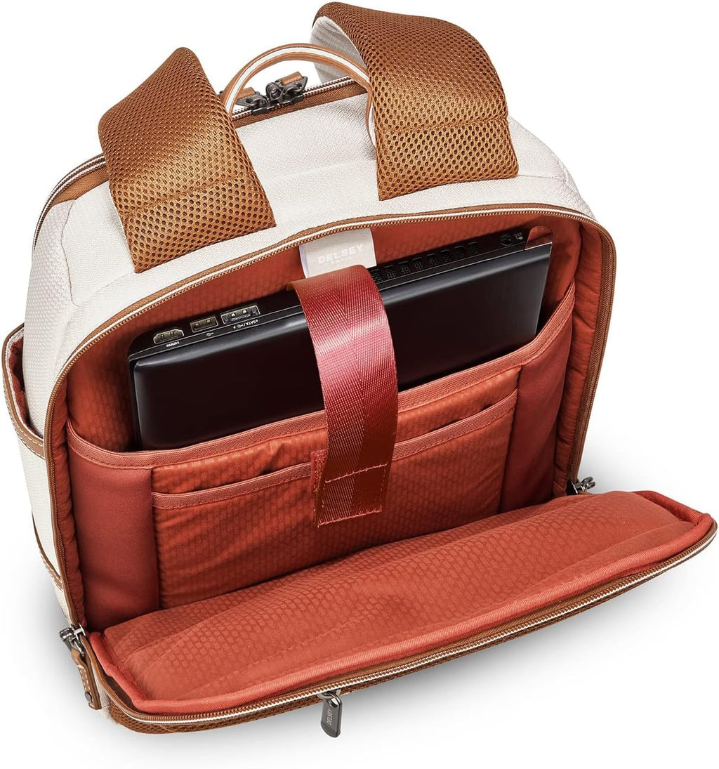 DELSEY PARIS Chatelet Air 2.0 - Travel Laptop Backpack - Fits 14' Laptop - Water-Repellent Recycled Fabric Backpack - Vegan Leather Trim - Smart Trolley Band, Angora