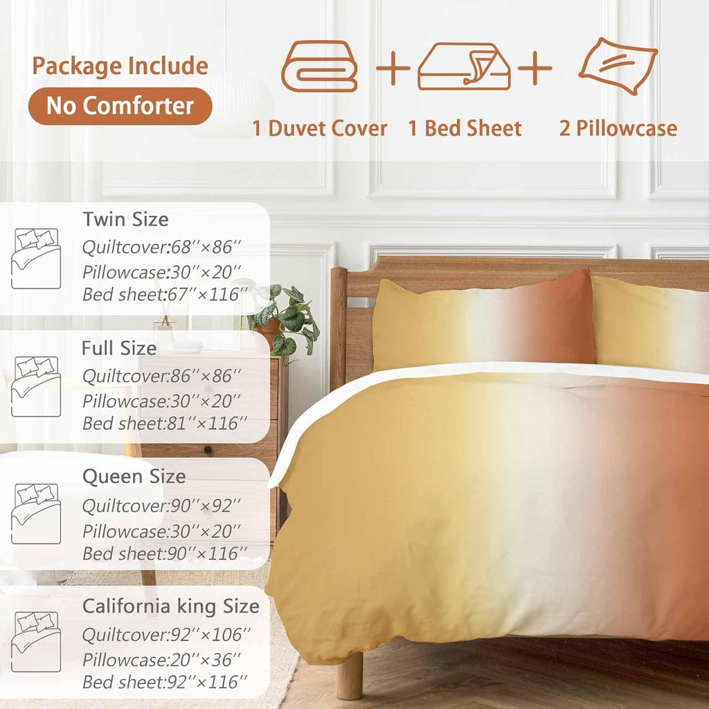 Gradient Yellow Orange Duvet Cover Set Queen Size 4 Pieces Modern Abstract Minimalist Ocean Beach Bedding Set with Zipper Closure, 1 Comforter Cover 90x92 Inches 1 Flat Sheet & 2 Pillow Cases