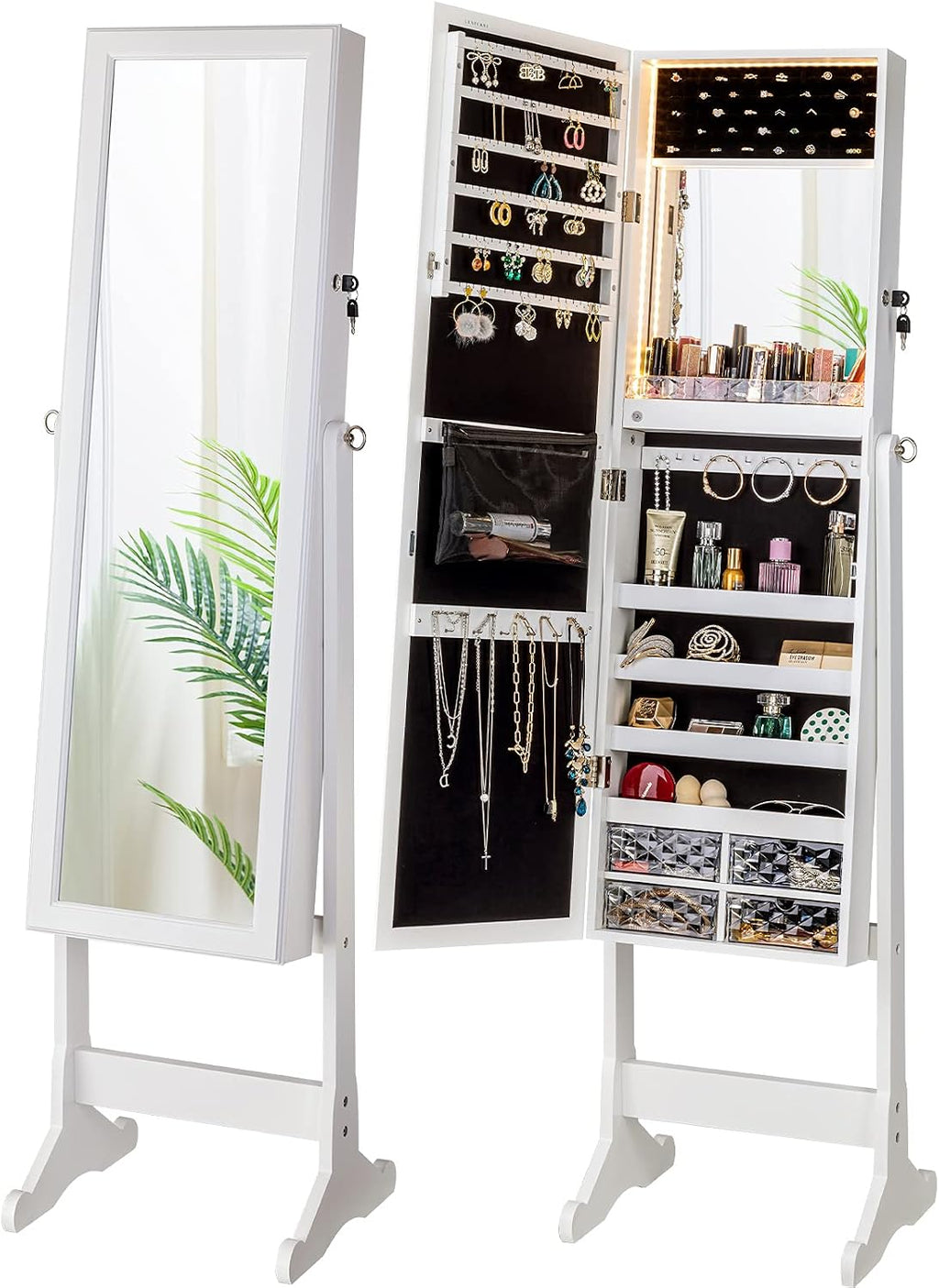 LUXFURNI LED Light Standing Jewelry Cabinet Armoire, Full Length Mirror with Storage, Lockable Large Storage Jewelry Organizer Mirror w/Drawers (White)