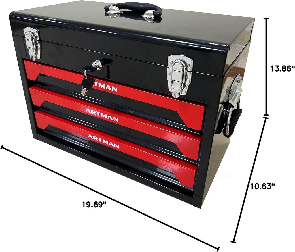 Tool Set and Mechanic Tool Set Box with Handle and 3-Drawer Heavy Duty Metal Box - 339 Piece Tool Kits for Adults Mechanics Workshop Maintenance and Repair Projects - Red