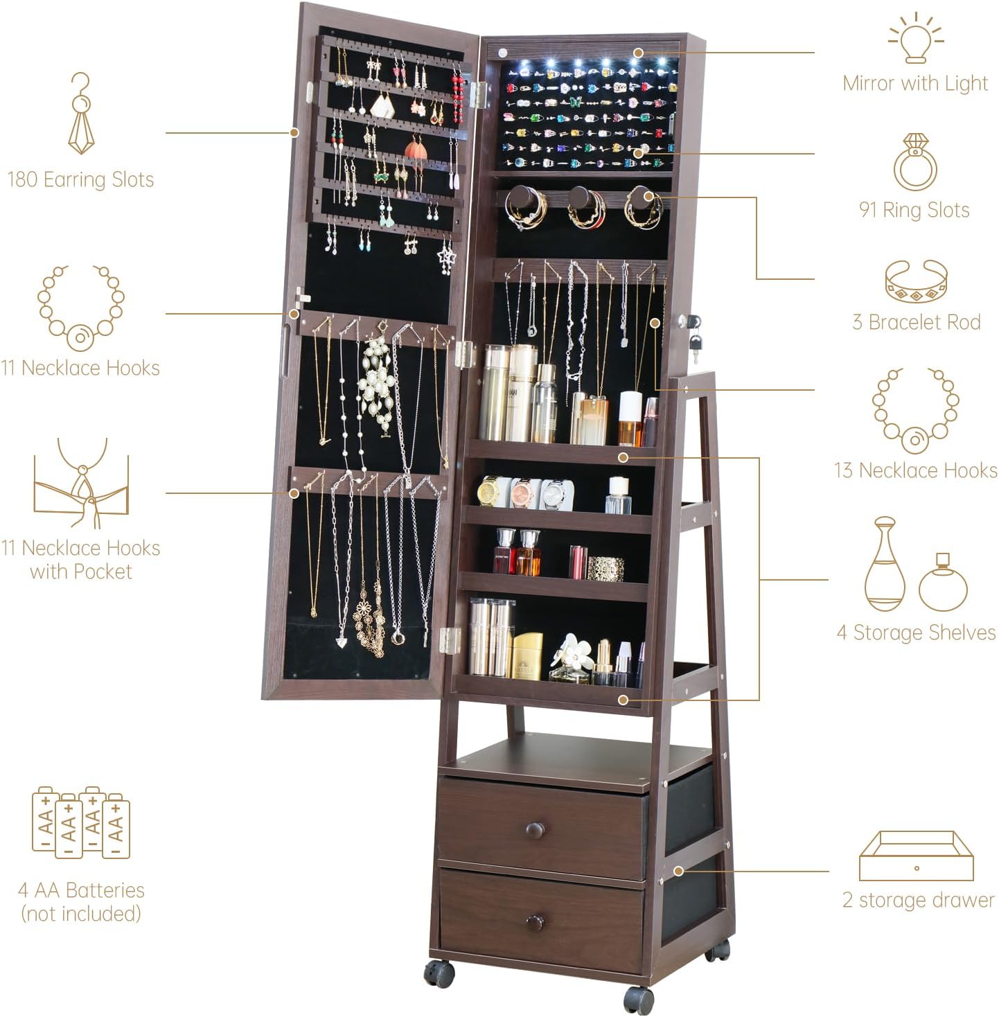 Jewelry Armoire Cabinet Organizer Standing with 20 LED Lights Lockable Full Length Mirror with Storage Shelves and 2 Drawers (Brown) Adjustable Tilt Angles Gift for Her