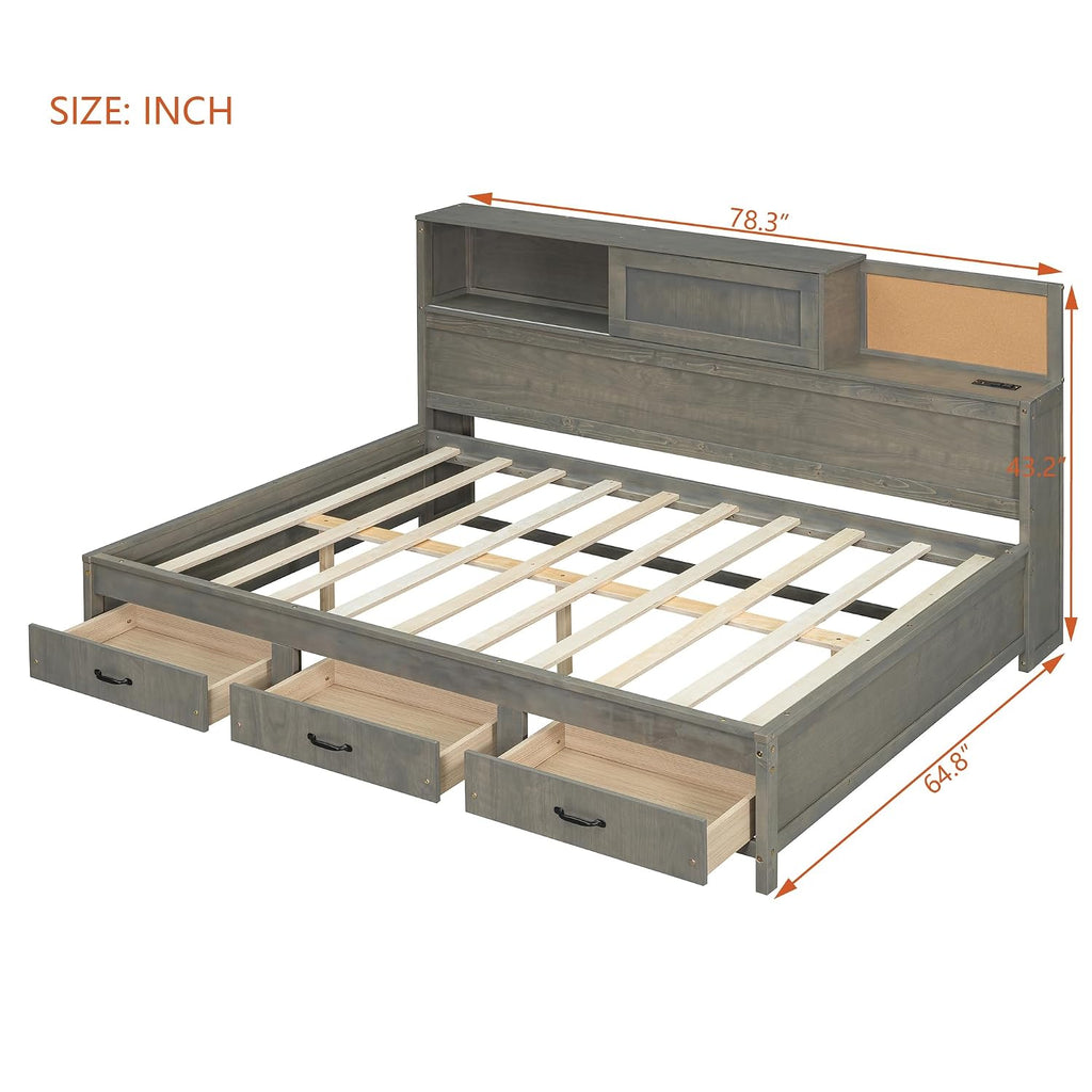 Ball & Cast Full Size Wooden Daybed with 3 Storage Drawers and Upper Soft Board,Versatile Day Bed w/a Set of Sockets & USB Ports,Bedroom Furniture for Apartment,Guest Room,Gray