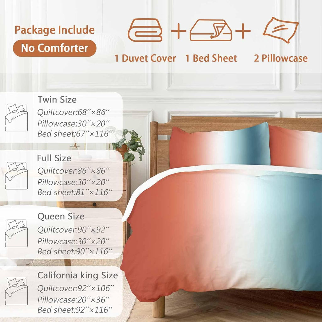 Gradient Orange Blue Duvet Cover Set Queen Size 4 Pieces Modern Abstract Minimalist Ocean Beach Bedding Set with Zipper Closure, 1 Comforter Cover 86x86 Inches 1 Flat Sheet & 2 Pillow Cases