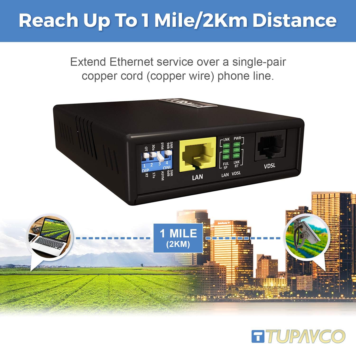 Ethernet Extender Kit - Network Cable Extension up to 7000ft (Plug & Play, Also Works with Phone Cable or Twisted Copper Wire) Tupavco TEX-100