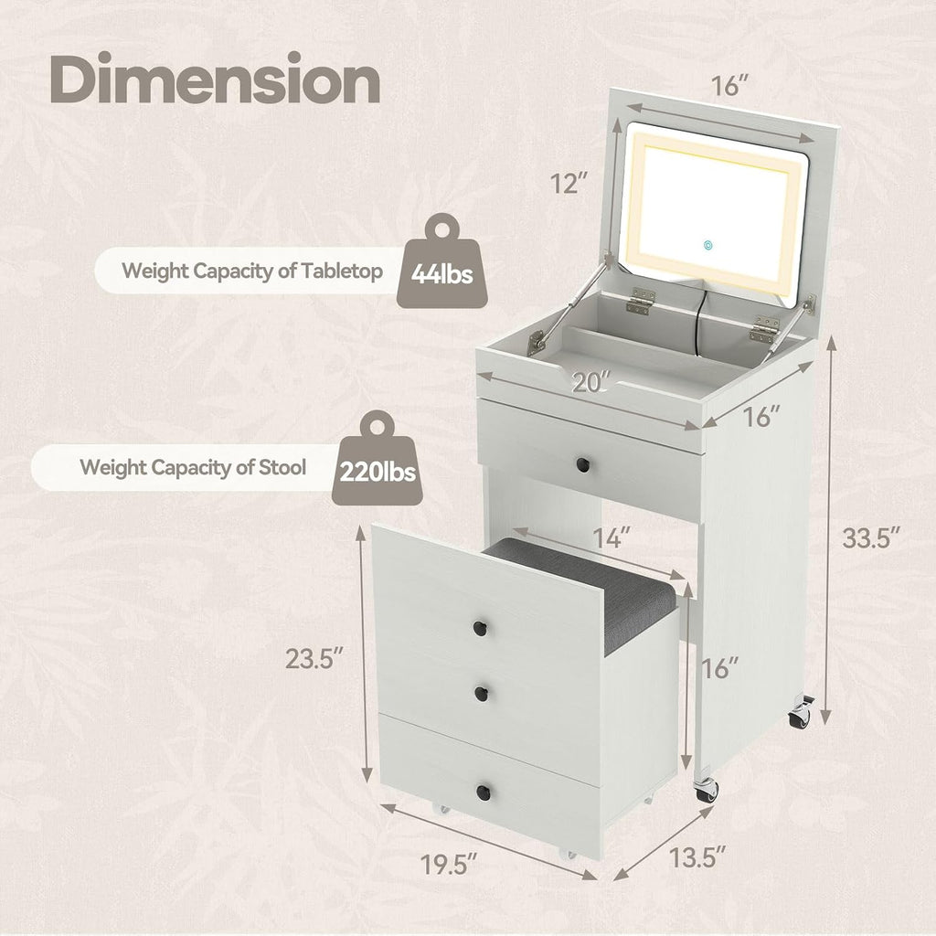 CHARMAID 3-in-1 Vanity Desk with Flip-Top LED Mirror, Rolling Stool with Hidden Storage & Drawer, 20 inch Compact Modern Makeup Vanity Table for Bedroom & Apartment, White