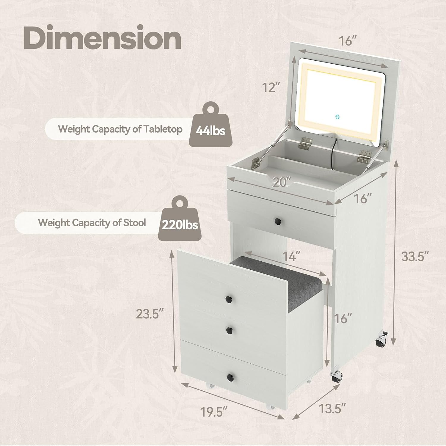 CHARMAID 3-in-1 Vanity Desk with Flip-Top LED Mirror, Rolling Stool with Hidden Storage & Drawer, 20 inch Compact Modern Makeup Vanity Table for Bedroom & Apartment, White