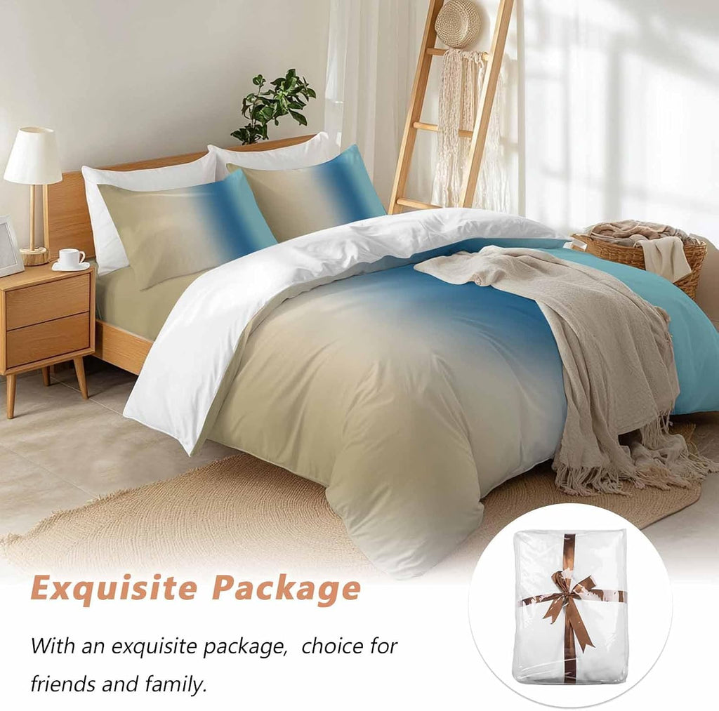 Gradient Brown Blue Duvet Cover Set Queen Size 4 Pieces Modern Abstract Minimalist Beige Ocean Beach Bedding Set with Zipper Closure, 1 Comforter Cover 92x106 Inches 1 Flat Sheet & 2 Pillow Cases