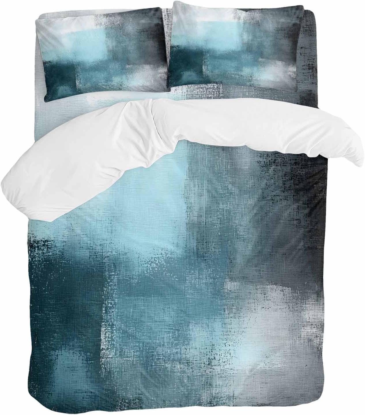 Prime Leader Teal Blue Color Block Duvet Cover Set Queen Size 4 Pieces Abstract Shabby Modern Art Bedding Set with Zipper Closure, 1 Comforter Cover 92x106 Inches 1 Flat Sheet & 2 Pillow Cases