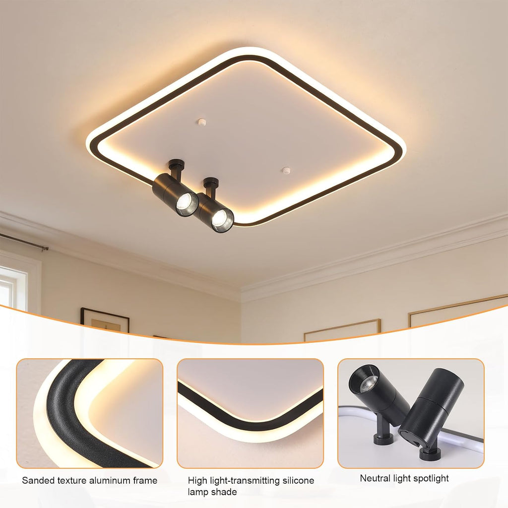 Shine LUEST Modern Square LED Flush Mount Ceiling Light Fixture, 2 Adjustable Spotlights, Black Frame White Shade Minimalist Lighting for Living Room Bedroom Kitchen