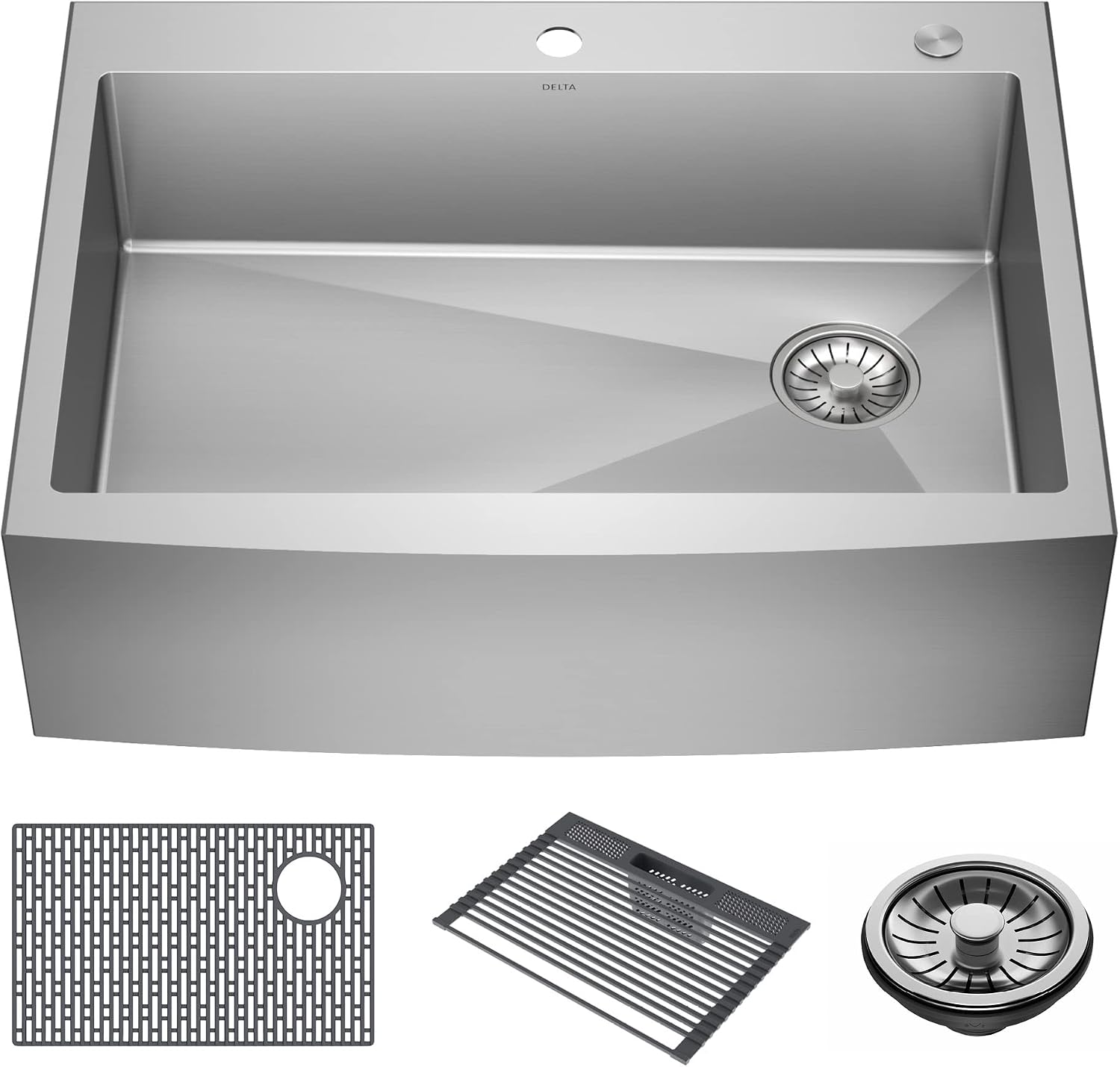 DELTA FAUCET Delta Lenta 30-inch Retrofit Farmhouse Apron Front 16 Gauge Stainless Steel Single Bowl Kitchen Sink for Undermount/Drop-In Installation with Accessories, 95J132-T30S-SS
