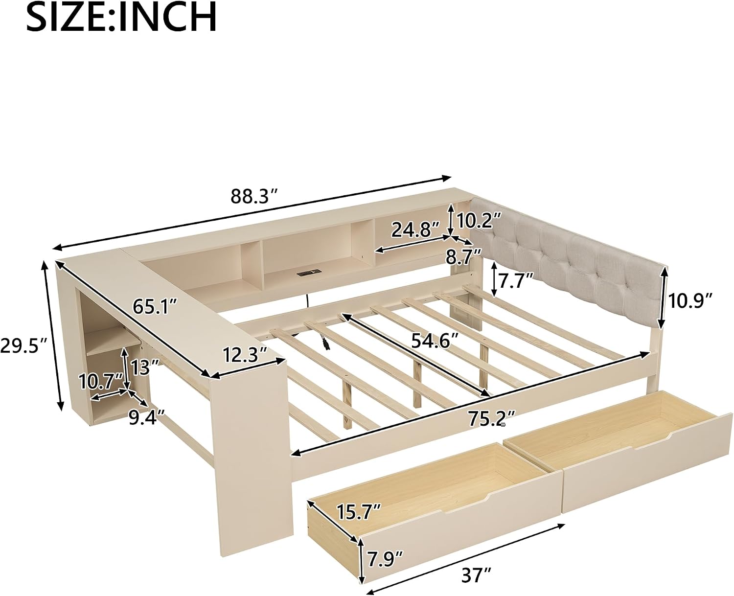 Ball & Cast Wood Full Size Platform Bed with Storage Shelves and Drawers,Multiple Bed Frame w/Charging Station & Upholstered Headboard,Bedroom Furniture Bedframe for Apartment,Cream