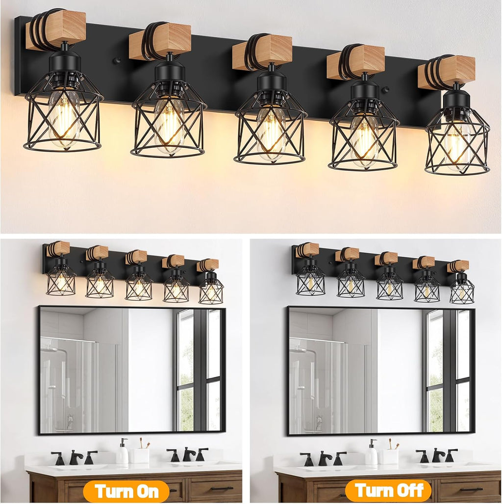 FadimiKoo 5-Light Wooden Black Bathroom Light Fixtures, Rustic Style Vanity Wall Sconces Lighting with Metal Cage, Farmhouse Bathroom Lights Wall Mount for Bedroom, Living Room, Entrance
