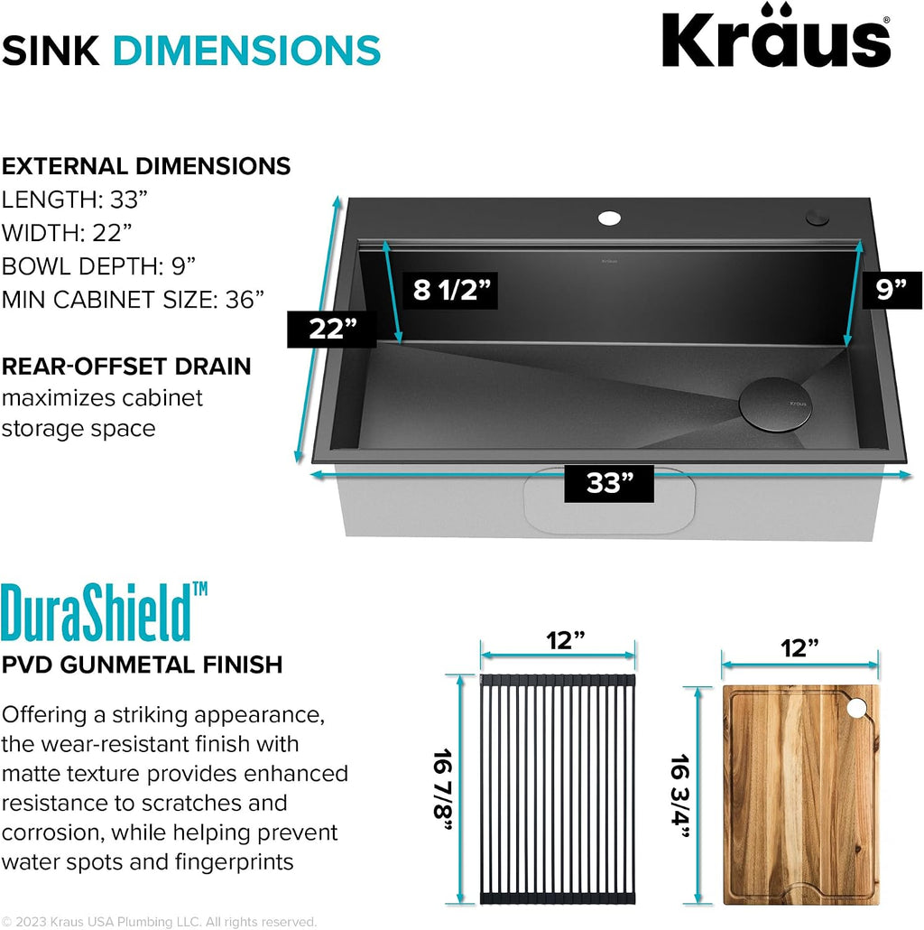KRAUS Kore Workstation 33-inch Top Mount Drop-In 16 Gauge Black Stainless Steel Single Bowl Kitchen Sink in PVD Gunmetal Finish with Accessories, KWT310-33/PGM