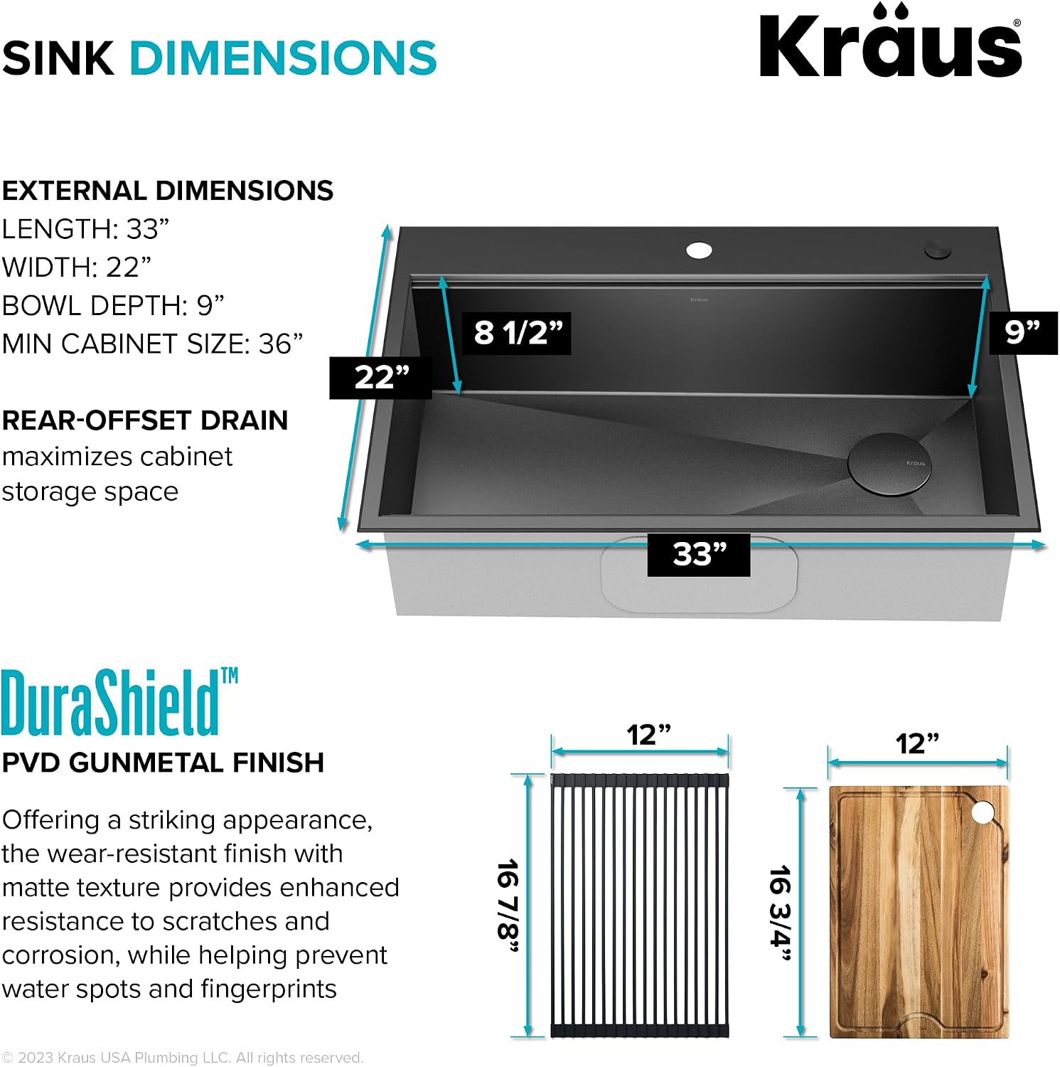 KRAUS Kore Workstation 33-inch Top Mount Drop-In 16 Gauge Black Stainless Steel Single Bowl Kitchen Sink in PVD Gunmetal Finish with Accessories, KWT310-33/PGM
