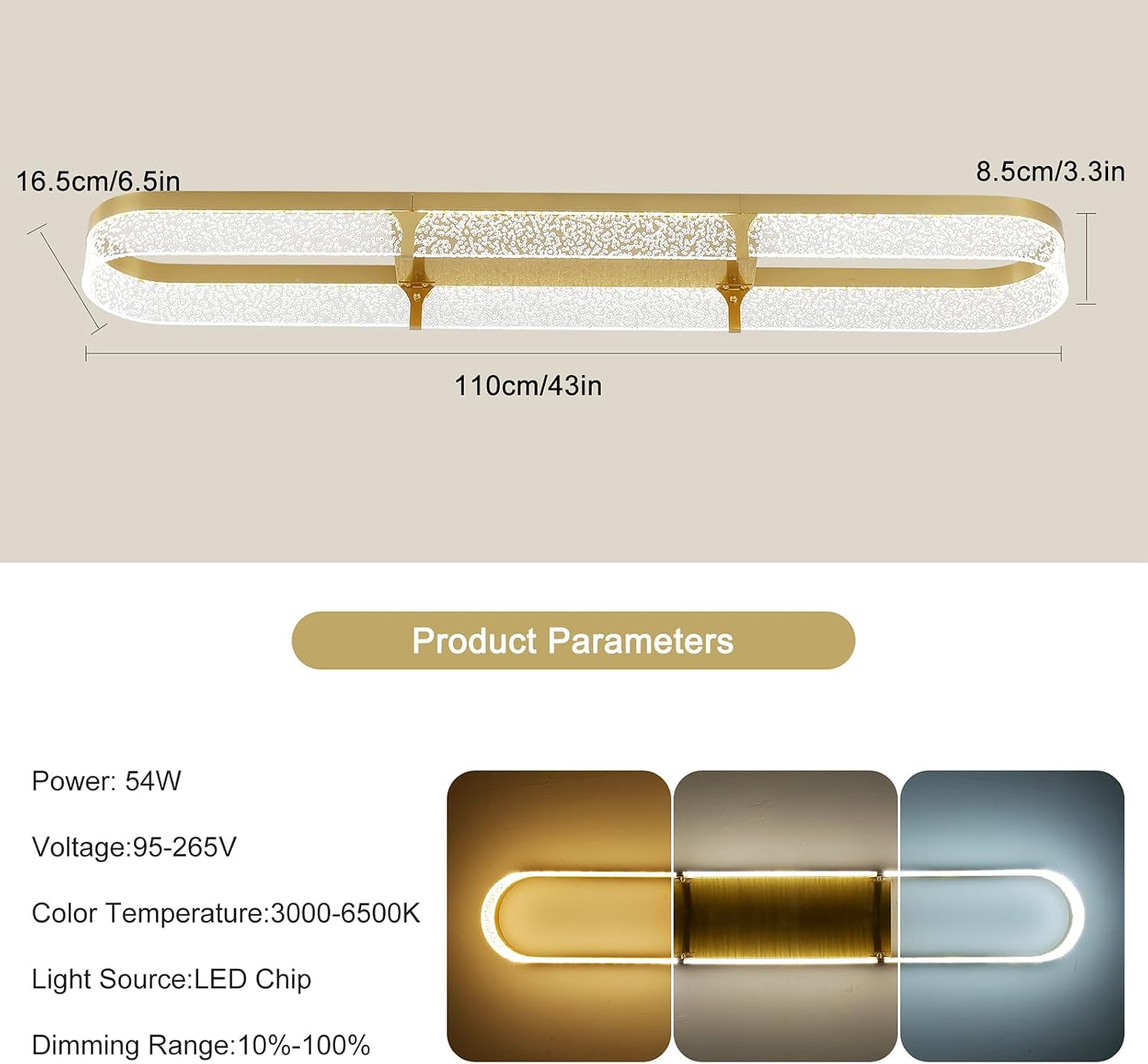 Jaycomey 43 inch Modern LED Ceiling Light Fixture, 54W Dimmable Gold Flush Mount Ceiling Light with Acrylic Bubble, Adjustable 3000K-6500K Kitchen Light Fixtures for Dining Room Bedroom