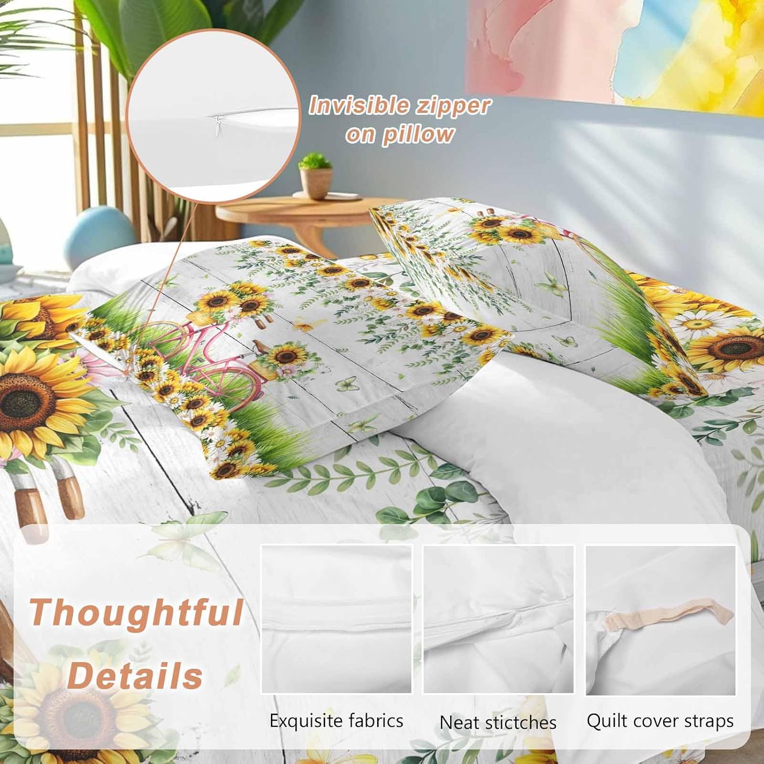 Spring Floral Duvet Cover Set Queen Size 4 Pieces Sunflower Daisy Bike Eucalyptus Leaves Grey Wood Bedding Set with Zipper Closure, 1 Comforter Cover 86x86 Inches 1 Flat Sheet & 2 Pillow Cases