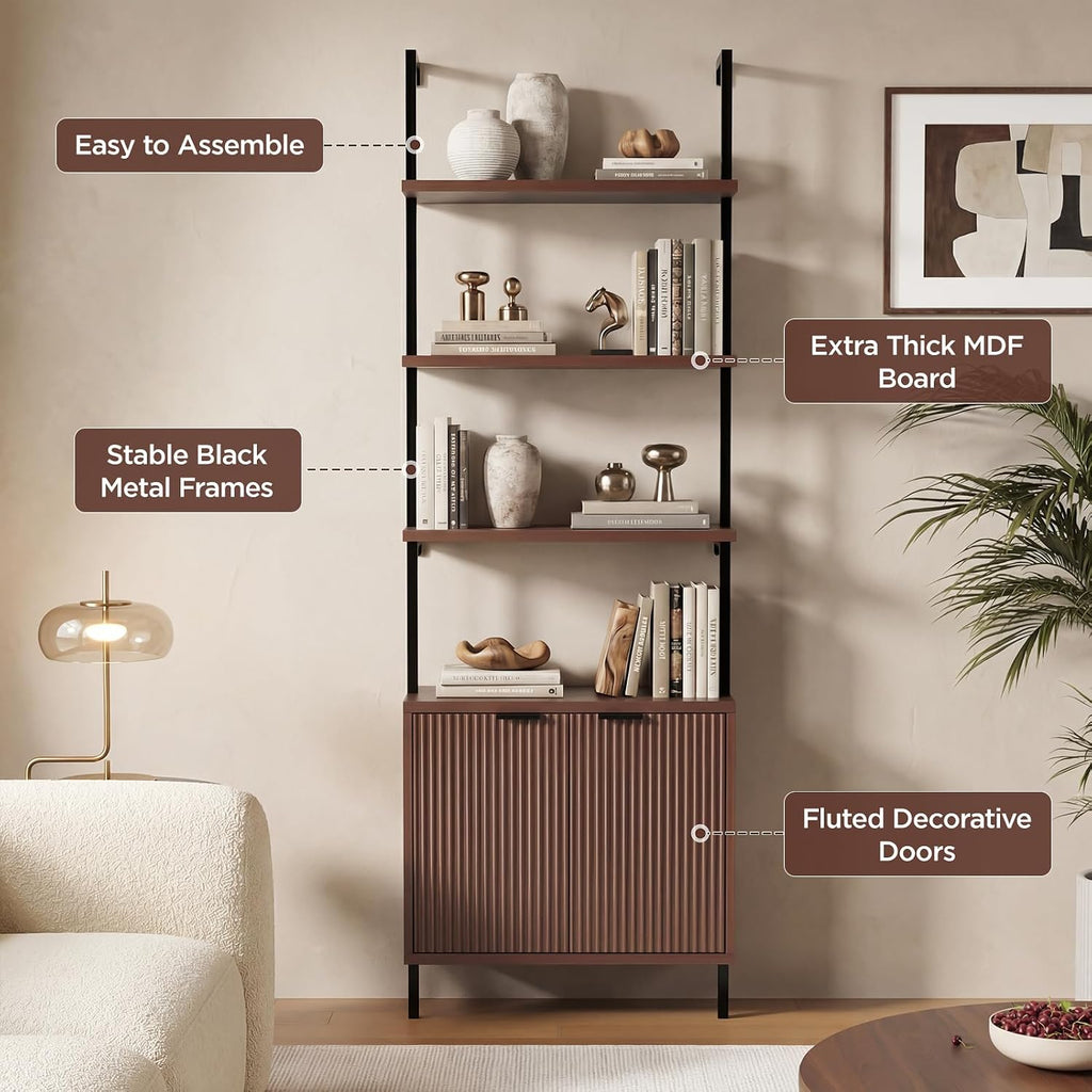 Halitaa Set of 2 Walnut & Black Ladder Shelf with Storage Cabinet, Modern Ladder Bookshelf with Doors, Wall Mount Bookcase with Metal Frame, Display Shelves for Living/Bed/Bathroom, Home Office