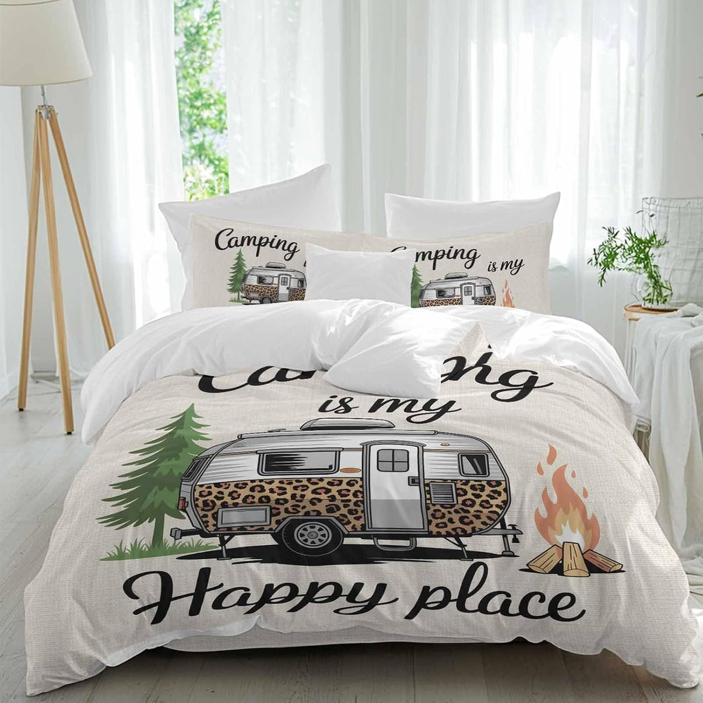 Prime Leader Camping is My Happy Place Duvet Cover Set Queen Size 4 Pieces Leopard RV Vintage Linen Bedding Set with Zipper Closure, 1 Comforter Cover 92x106 Inches 1 Flat Sheet & 2 Pillow Cases