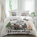 Prime Leader Camping is My Happy Place Duvet Cover Set Queen Size 4 Pieces Leopard RV Vintage Linen Bedding Set with Zipper Closure, 1 Comforter Cover 92x106 Inches 1 Flat Sheet & 2 Pillow Cases