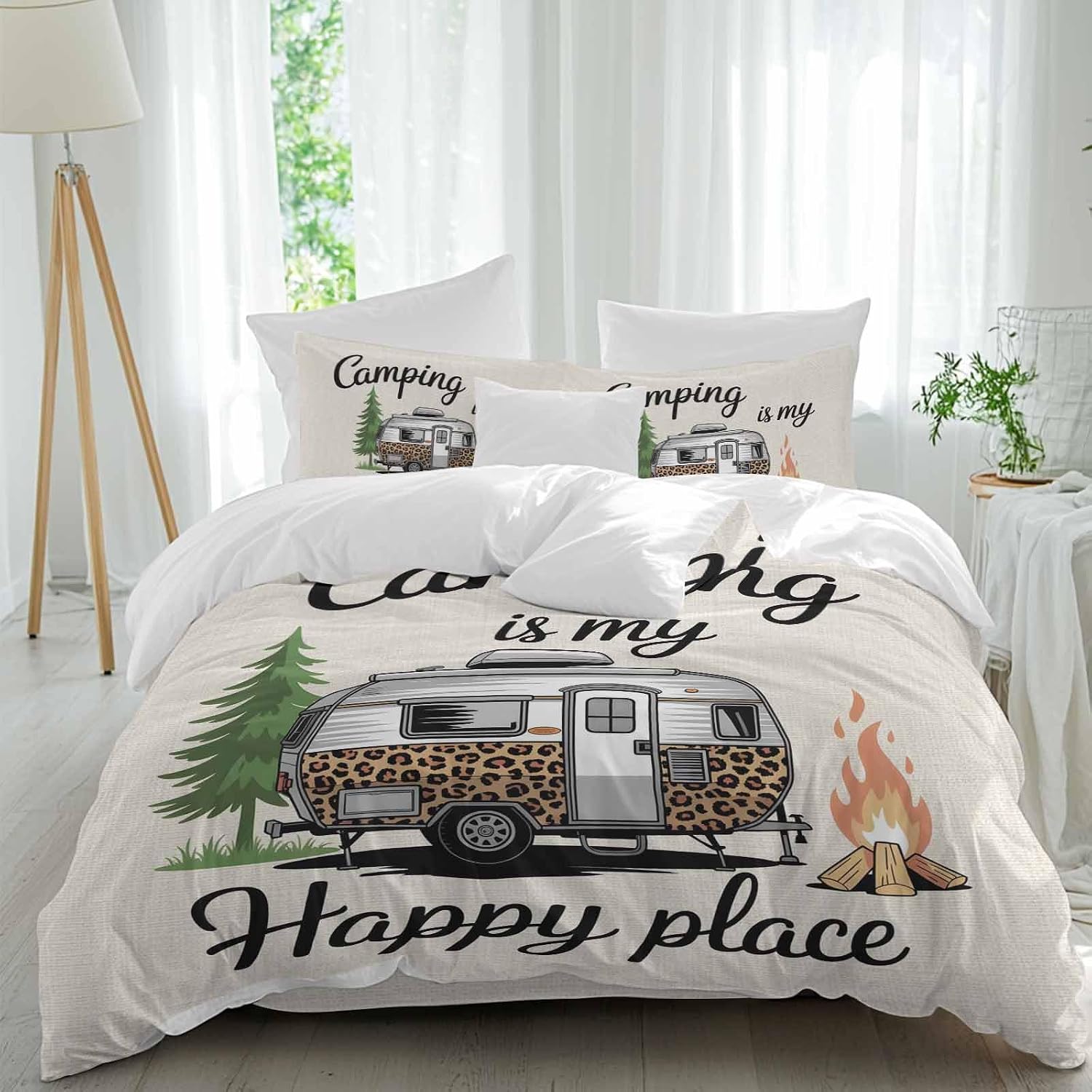 Prime Leader Camping is My Happy Place Duvet Cover Set Queen Size 4 Pieces Leopard RV Vintage Linen Bedding Set with Zipper Closure, 1 Comforter Cover 92x106 Inches 1 Flat Sheet & 2 Pillow Cases
