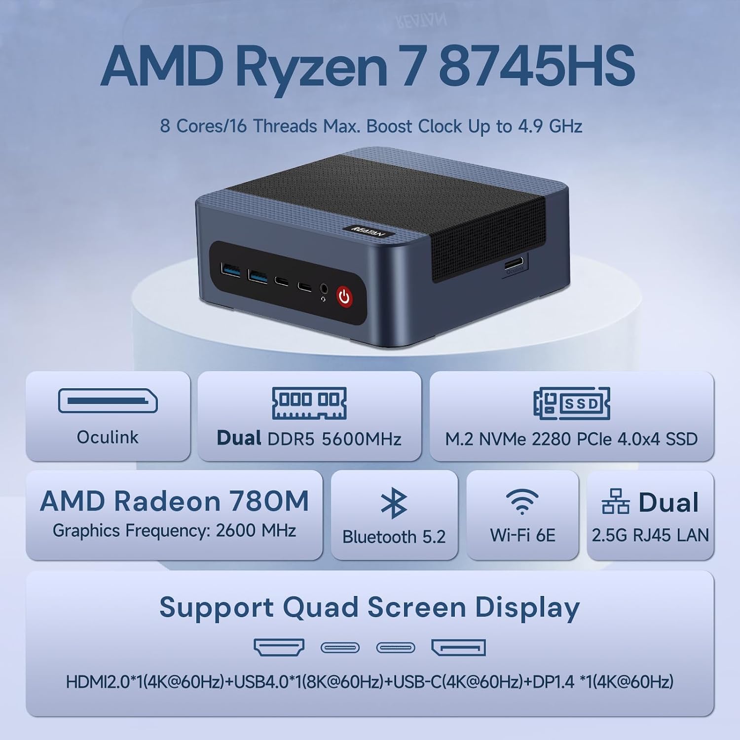 Reatan Mini PC Gaming A8 Oculink AMD Ryzen 7 8745HS Dual LAN 2.5Gbps Desktop Computer 32GB DDR5 1TB NVME SSD, USB4.0 HDMI DP USB-C WiFi6 & BT5.2 Mini Computer for Design Office