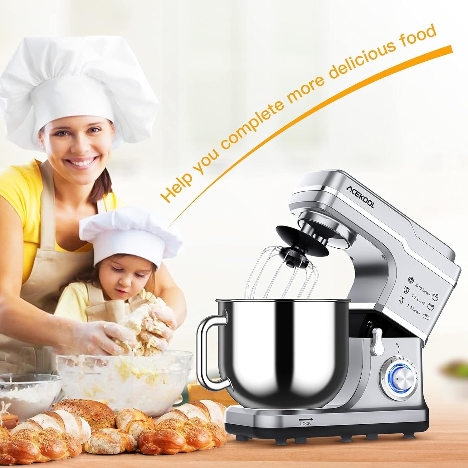 7.5 QT Stand Mixer, 10-Speed Tilt-Head Electric Dough Mixer with Stainless Steel Bowl, Includes Dough Hook, Wire Whisk, and Beater, with Splash Guard for Home Cooks, Silver