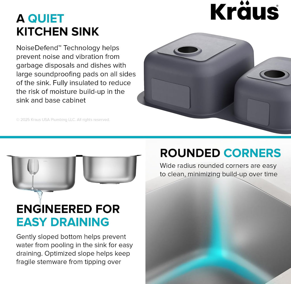 KRAUS Premier 32-inch Undermount 60/40 Double Bowl with Low Divider 18-Gauge Stainless Steel Kitchen Sink with Strainers (x2), KBU24