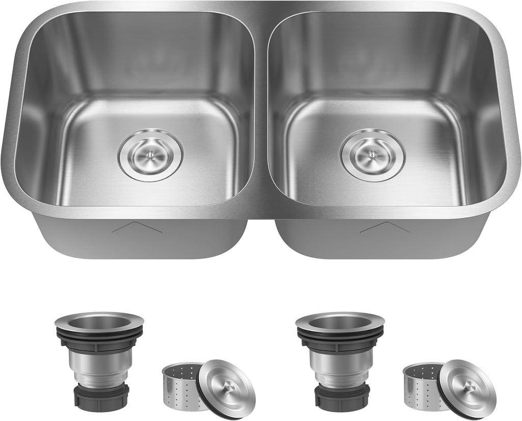 DeerValley 32 Inch Undermount Double Bowl Kitchen Sink 50/50 18 Gauge Stainless Steel Kitchen Sink Spacious Double Basin Design Sinks with Basket Strainer Undermount Sinks for Modern Kitchens