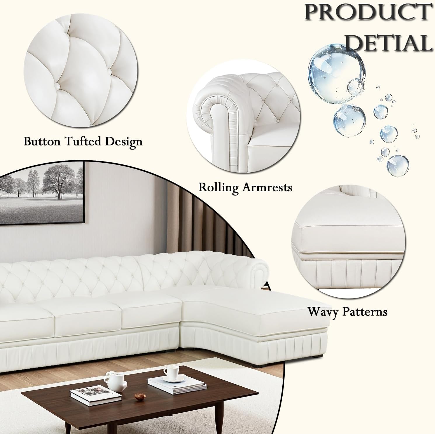 Genuine Leather Sectional Couch, L Shape Top Grain Leather Sofa with 5 Seaters for Living Room Furniture Set, Chesterfield Couches with Button Tufted Design for House/Lounge,Cream
