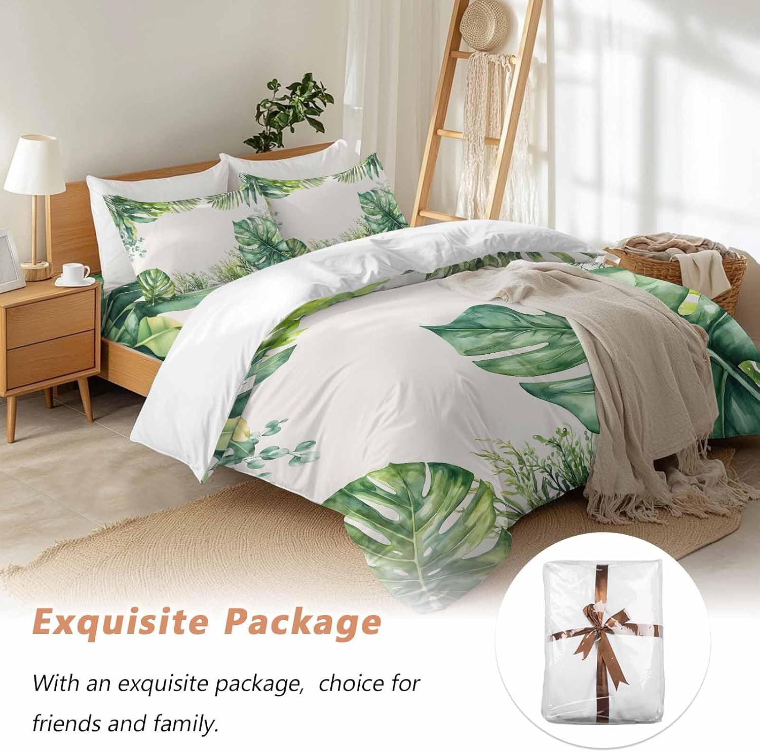 Tropical Leaf Duvet Cover Set Queen Size 4 Pieces Palms Monstera Leaves Green Plant Botanical Bedding Set with Zipper Closure, 1 Comforter Cover 92x106 Inches 1 Flat Sheet & 2 Pillow Cases