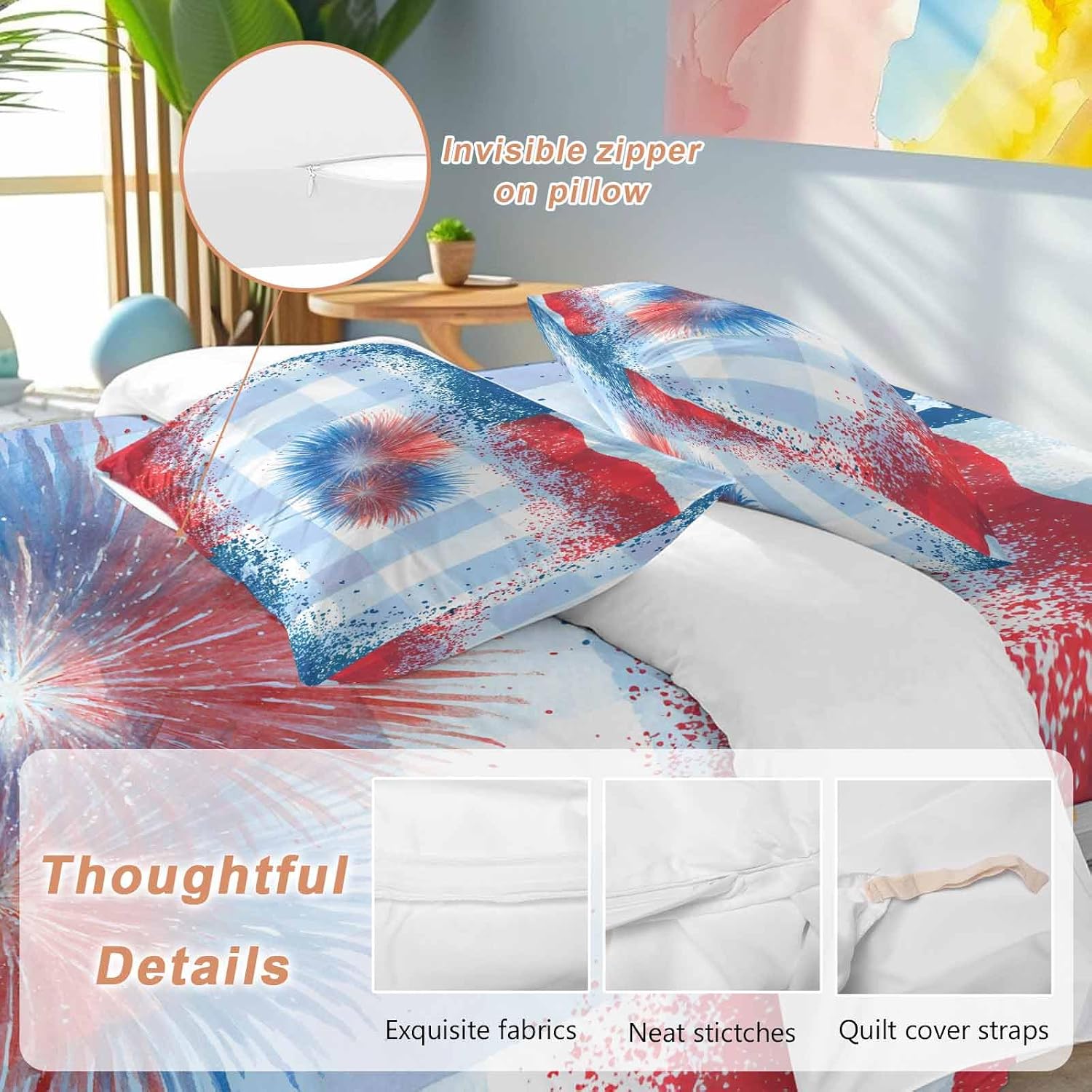 Independence Day Firework Duvet Cover Set Queen Size 4 Pieces 4th of July American Flag Blue Plaid Bedding Set with Zipper Closure, 1 Comforter Cover 92x106 Inches 1 Flat Sheet & 2 Pillow Cases