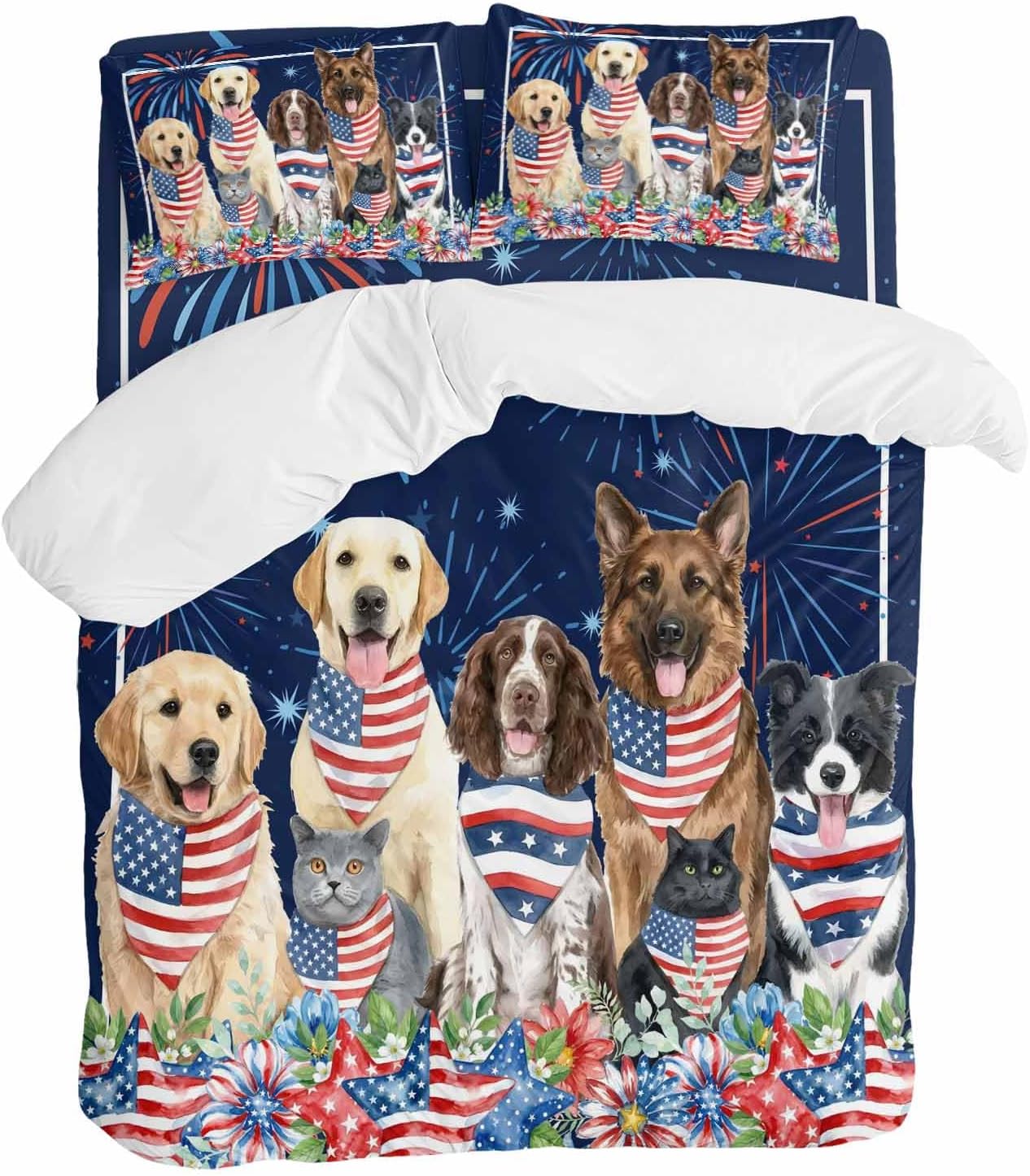 Independence Day Dog Cat Duvet Cover Set Queen 4 Pieces Watercolor Red Blue Stripe Star Flag Firework Blue Bedding Set with Zipper Closure,1 Comforter Cover 92x106 Inch 1 Flat Sheet&2 Pillow Cases