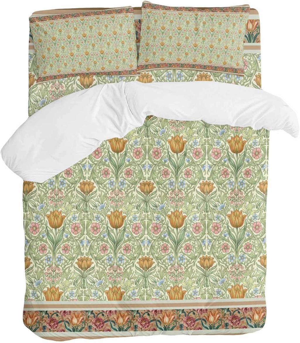 Prime Leader Flowers Duvet Cover Set Queen Size 4 Pieces Ethnic Abstract Yellow Pink Floral Green Leaf Bedding Set with Zipper Closure, 1 Comforter Cover 86x86 Inches 1 Flat Sheet & 2 Pillow Cases