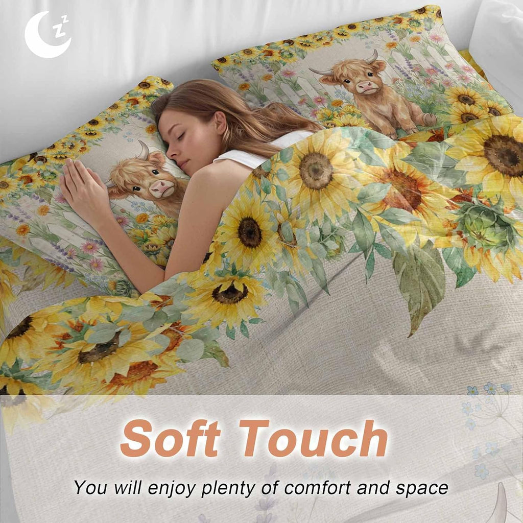 Farm Highland Cattle Duvet Cover Set Queen Size 4 Pieces Farmhouse Sunflower Cow Fence Linen Texture Bedding Set with Zipper Closure, 1 Comforter Cover 92x106 Inches 1 Flat Sheet & 2 Pillow Cases
