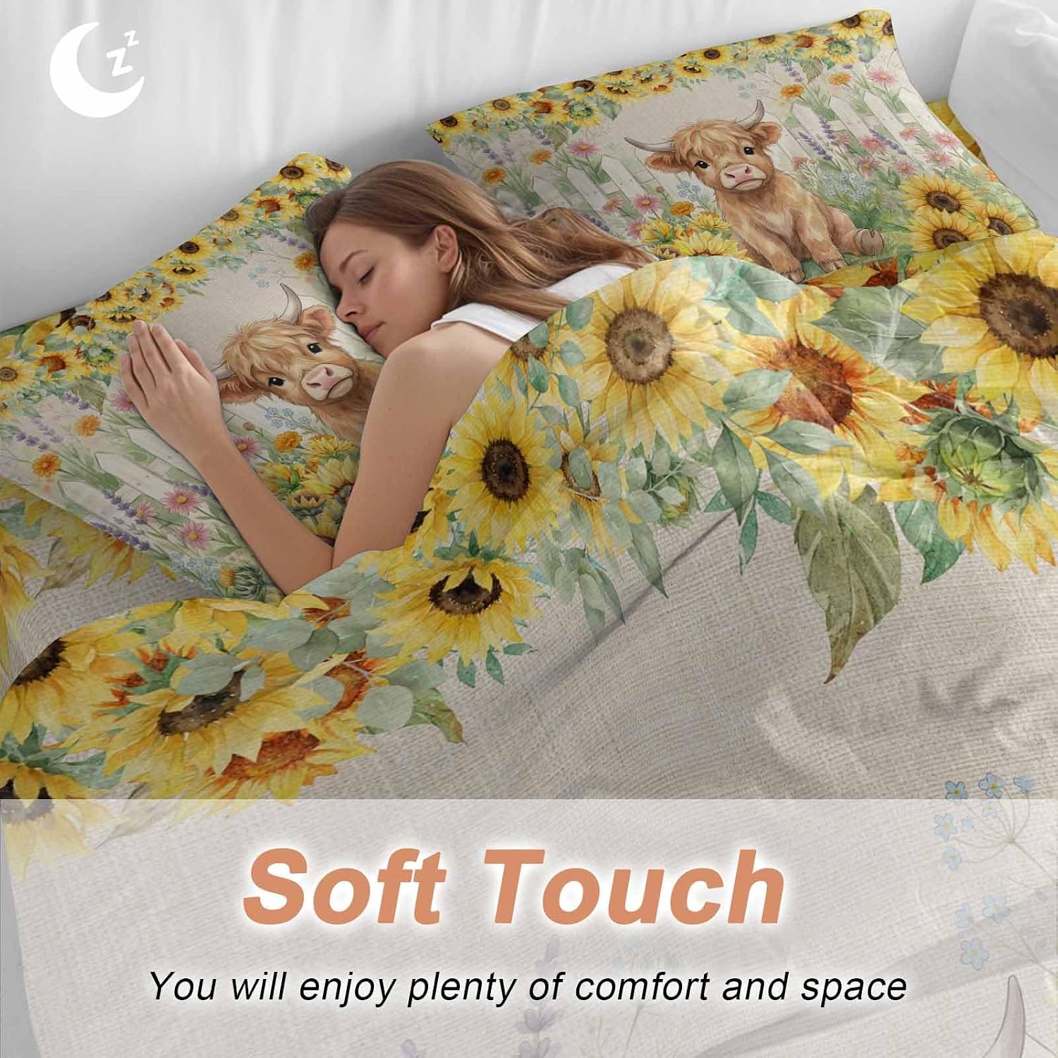Farm Highland Cattle Duvet Cover Set Queen Size 4 Pieces Farmhouse Sunflower Cow Fence Linen Texture Bedding Set with Zipper Closure, 1 Comforter Cover 92x106 Inches 1 Flat Sheet & 2 Pillow Cases