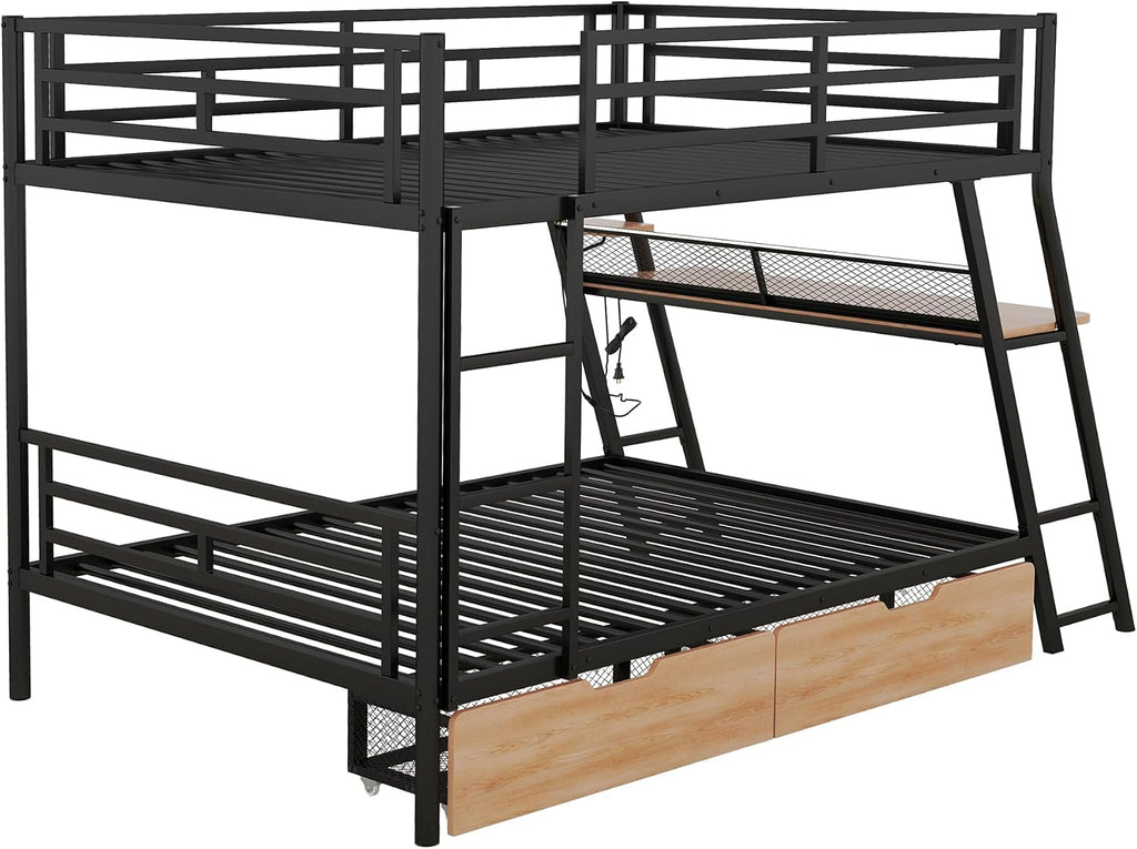 Full Size Metal Bunk Bed with Built-in Desk,Bed Frame W/Light Strip and 2 Large-Capacity Storage Drawers,for Bedroom,Apartment,Guest Room,Black