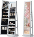 LVSOMT Mirror Jewelry Cabinet Standing, 360° Swivel Jewelry Armoire with 6 LED Lights and Interior Mirror, Full Length Mirror with Storage, Standing Lockable Jewelry Organizer, White