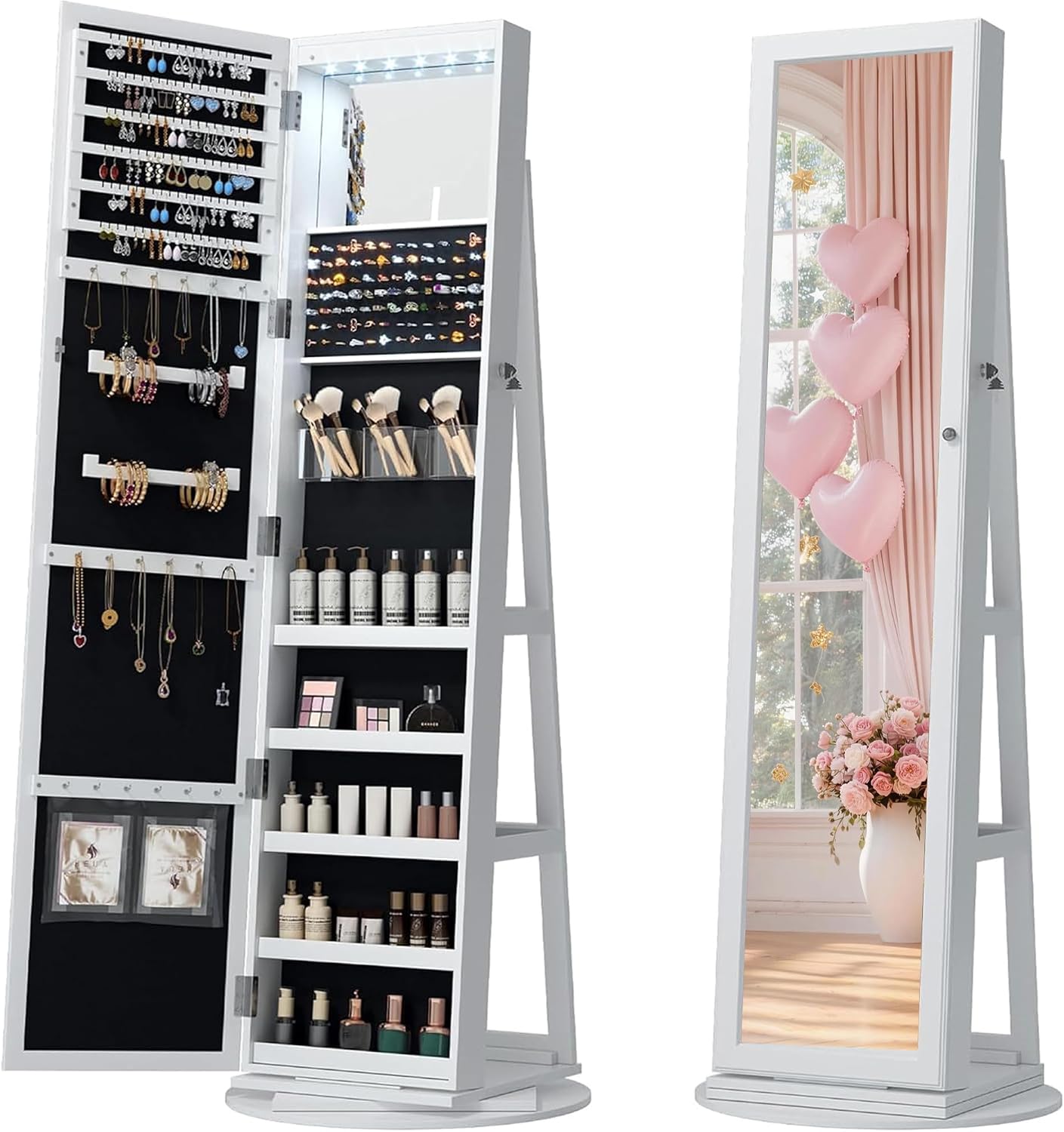 LVSOMT Mirror Jewelry Cabinet Standing, 360° Swivel Jewelry Armoire with 6 LED Lights and Interior Mirror, Full Length Mirror with Storage, Standing Lockable Jewelry Organizer, White