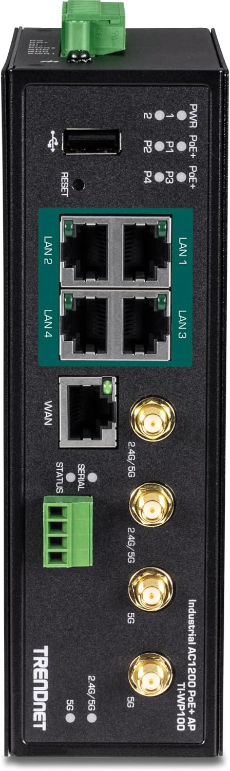 TRENDnet Industrial AC1200 Wireless Gigabit PoE+ Router, TI-WP100, IP30 Housing, Dual-WAN, Dual-Band WiFi, VPN, Inter-VLAN Routing