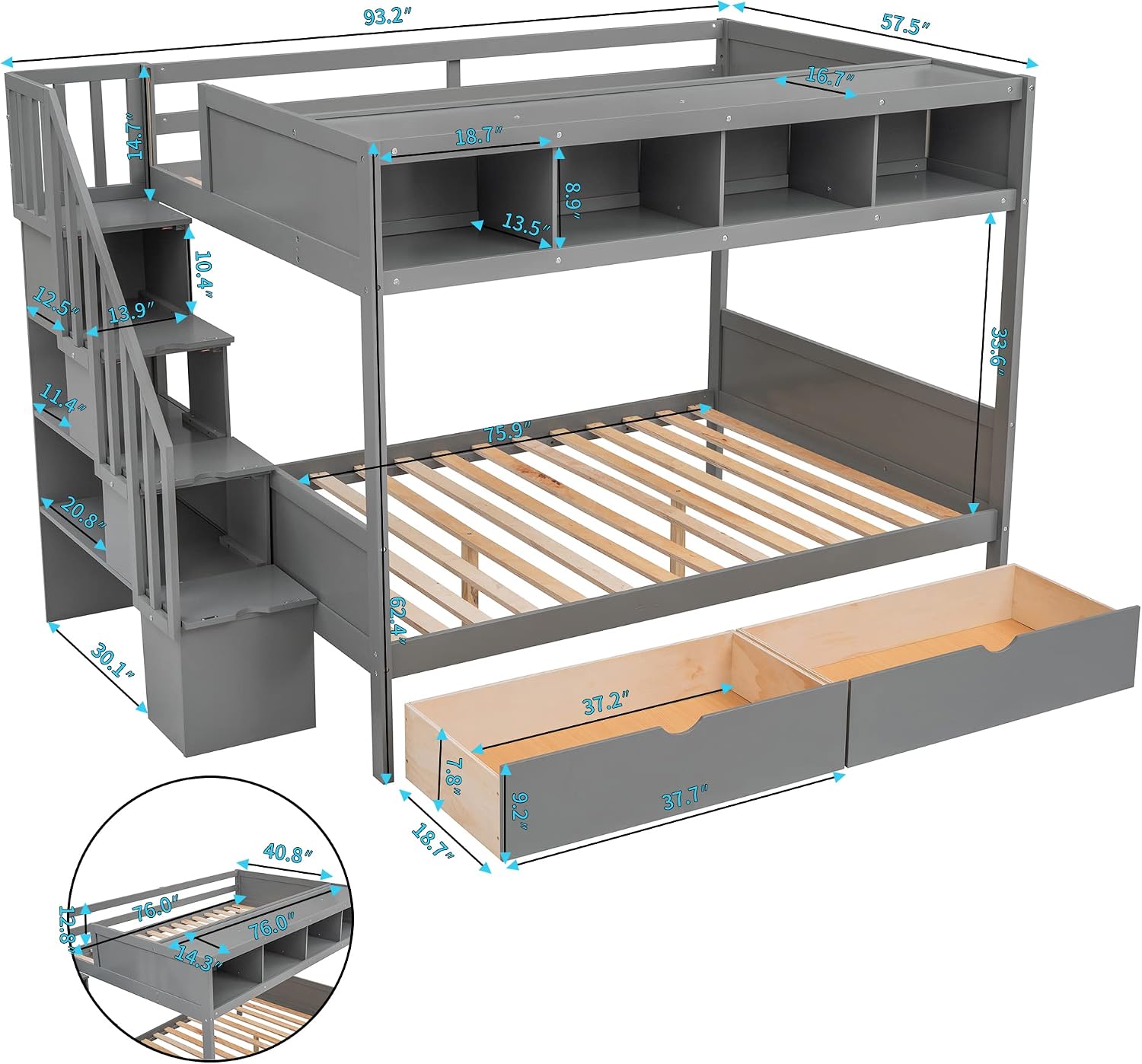 Twin Over Full Bunk Bed with Shelfs,Storage Staircase and 2 Drawers,Bedroom Solid Wood Bed Frame w/Full-Length Guardrail,Slat Support,for Kid Boy Girl Teen,Gray