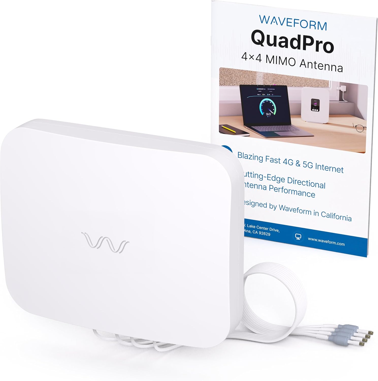 Waveform QuadPro + 10' Cable + Pole Mount Bundle - 4x4 MIMO Panel Antenna for 4G/5G Routers & Gateways for T-Mobile Home Internet, Verizon, AT&T - Bundle with 10' SMA Cable and Pole Mount