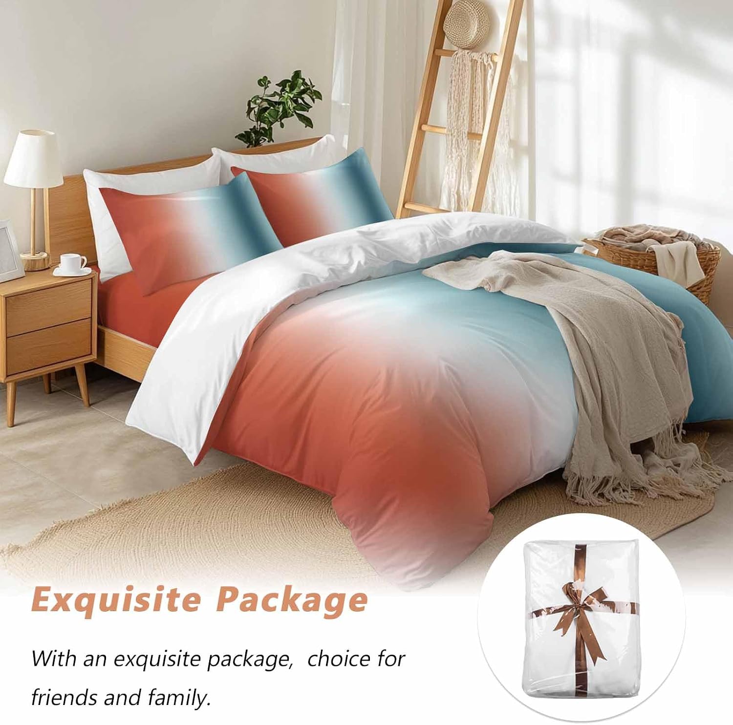 Gradient Orange Blue Duvet Cover Set Queen Size 4 Pieces Modern Abstract Minimalist Ocean Beach Bedding Set with Zipper Closure, 1 Comforter Cover 86x86 Inches 1 Flat Sheet & 2 Pillow Cases