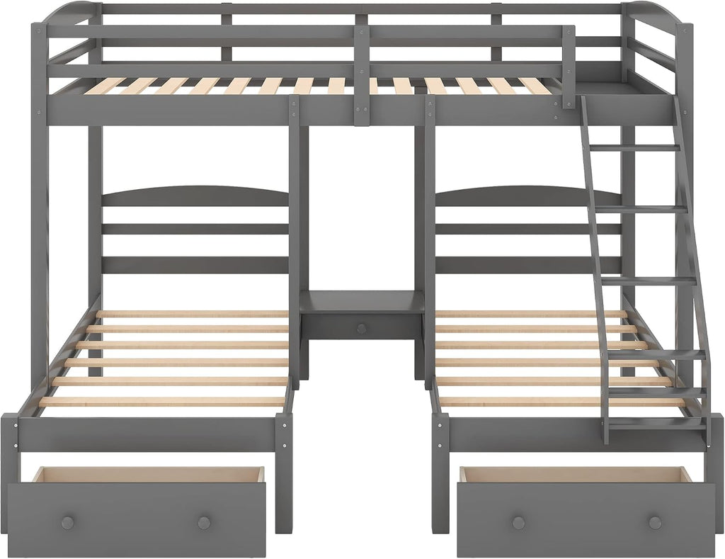 Wood Triple Bed Bunk Bed with 2 Storage Drawers, 3-in 1 Full Over Twin & Twin Bunk Bed Frame with Built-in Middle Drawer, Guardrail Ladder for Kids Teens Adults, Maximized Space Design (Grey-full)