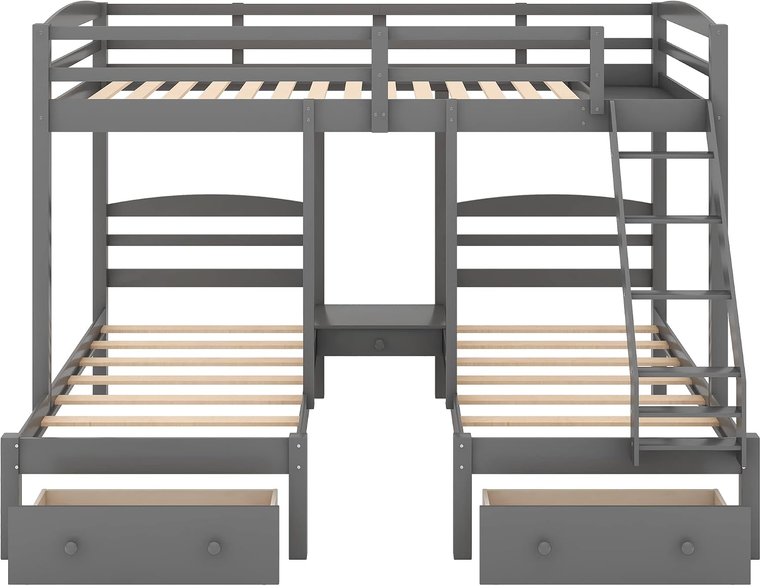 Wood Triple Bed Bunk Bed with 2 Storage Drawers, 3-in 1 Full Over Twin & Twin Bunk Bed Frame with Built-in Middle Drawer, Guardrail Ladder for Kids Teens Adults, Maximized Space Design (Grey-full)