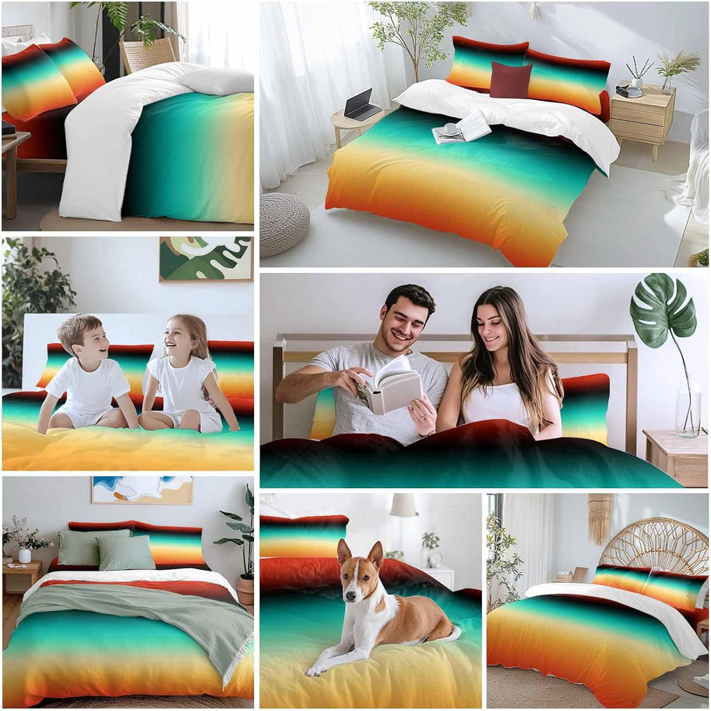 Bohemian Gradient Green Duvet Cover Set Queen Size 4 Pieces Modern Minimalist Orange Yellow Black Ocean Beach Bedding Set with Zipper Closure,1 Comforter Cover 92x106 Inch 1 Flat Sheet&2 Pillow Cases