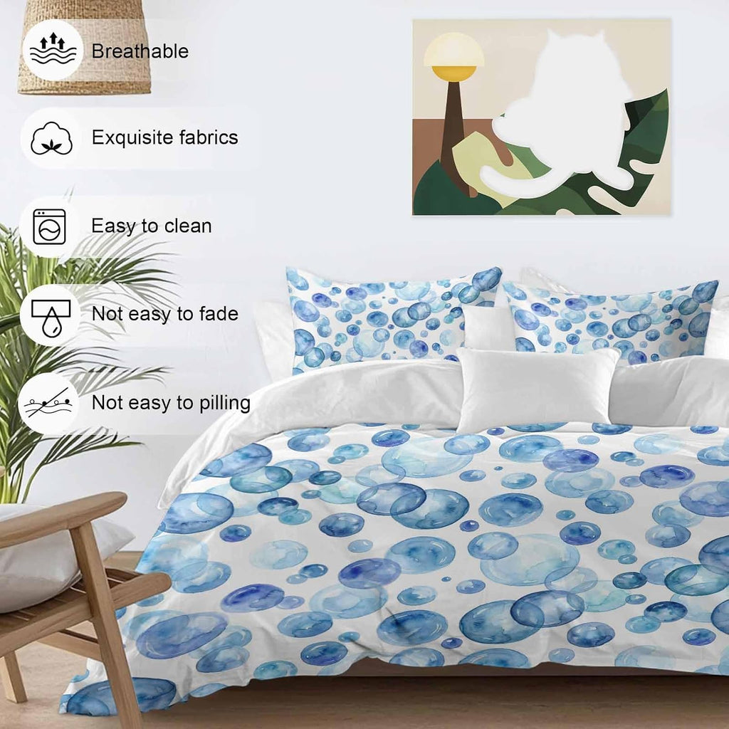Prime Leader Blue Bubbles Duvet Cover Set Queen Size 4 Pieces Watercolor Gradient Bubble Summer Ocean Bedding Set with Zipper Closure, 1 Comforter Cover 90x92 Inches 1 Flat Sheet & 2 Pillow Cases