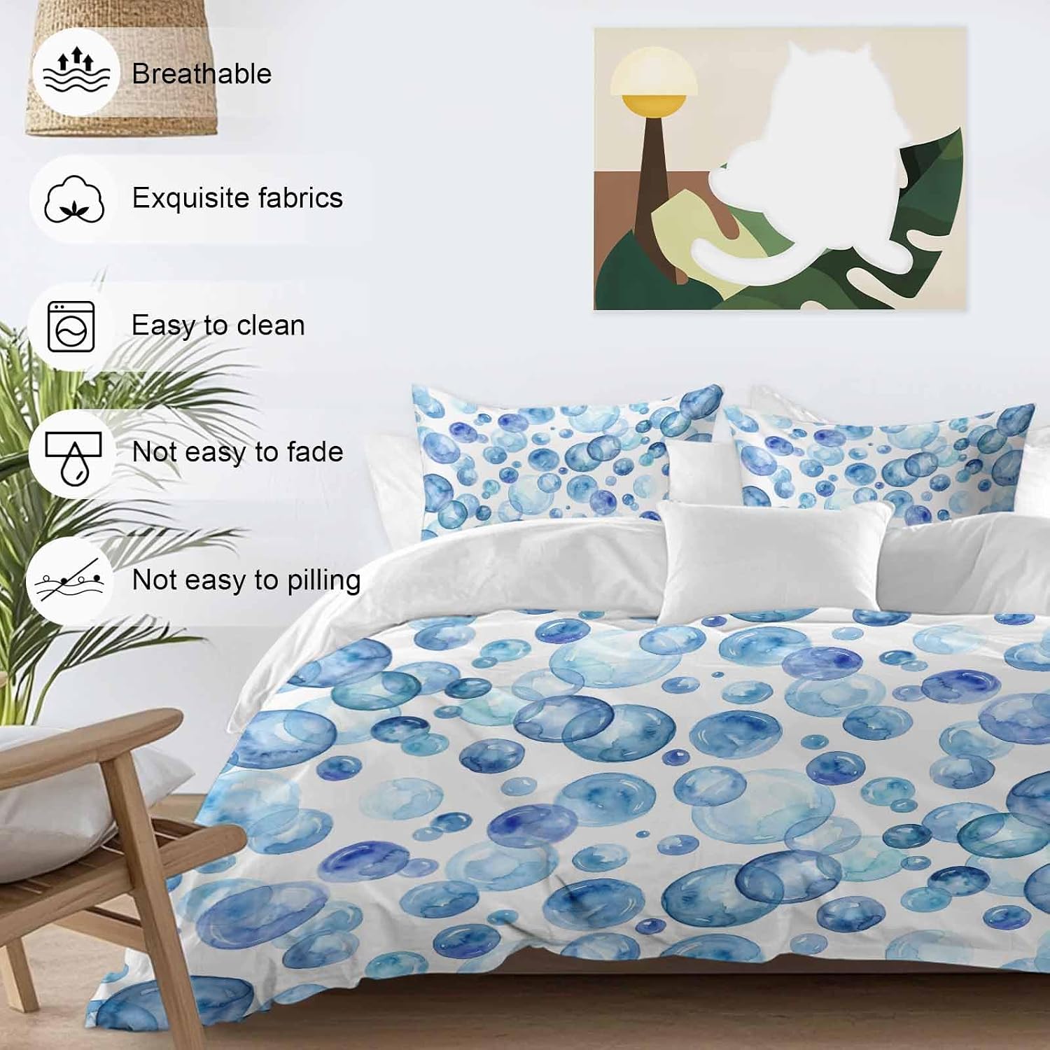 Prime Leader Blue Bubbles Duvet Cover Set Queen Size 4 Pieces Watercolor Gradient Bubble Summer Ocean Bedding Set with Zipper Closure, 1 Comforter Cover 90x92 Inches 1 Flat Sheet & 2 Pillow Cases