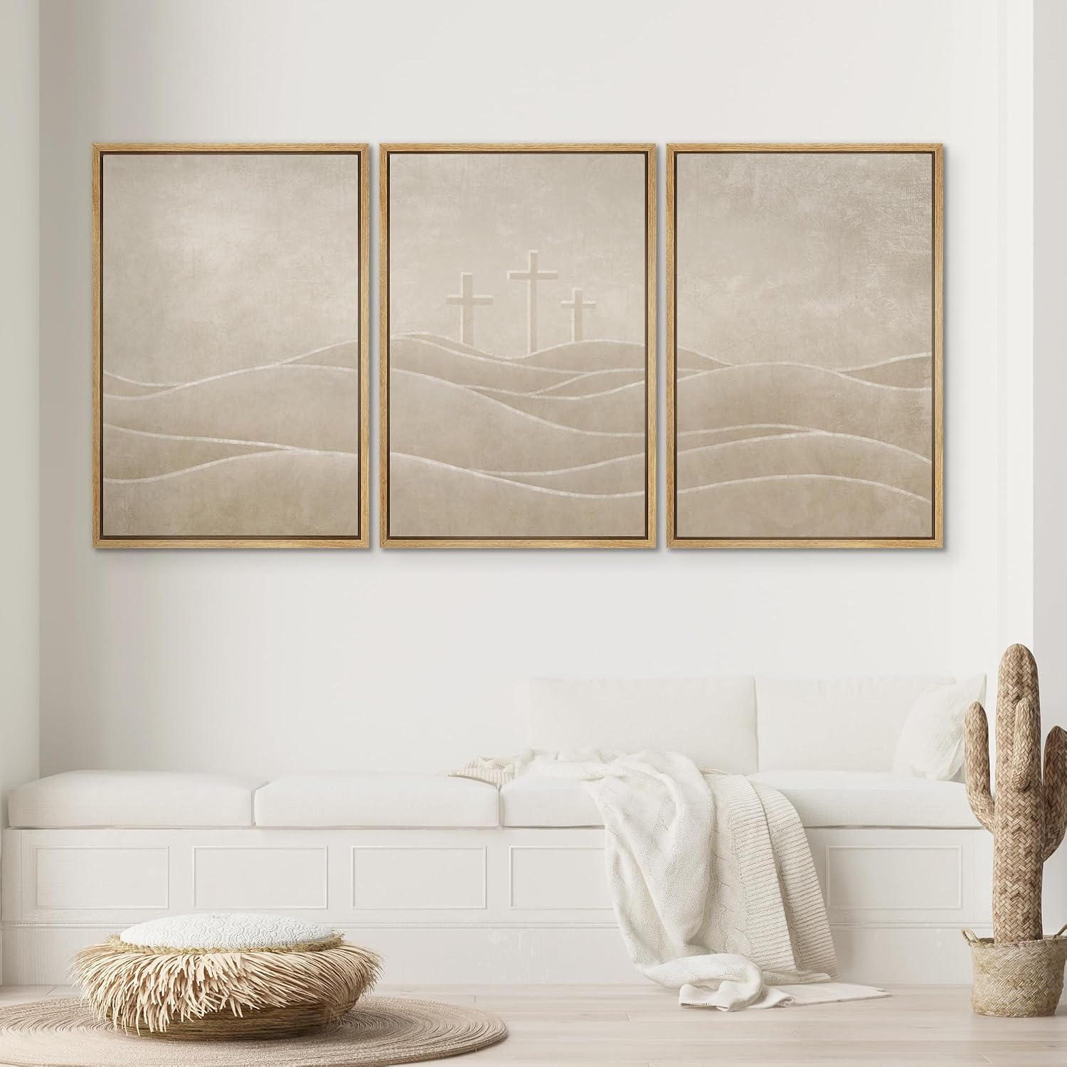 SIGNWIN Framed Canvas Print Wall Art Set Christian Cross Hill Minimalist Beige Religious Illustrations Modern Art Contemporary Minimal Ultra for Living Room, Bedroom, Office - 16'x24'x3 Natural