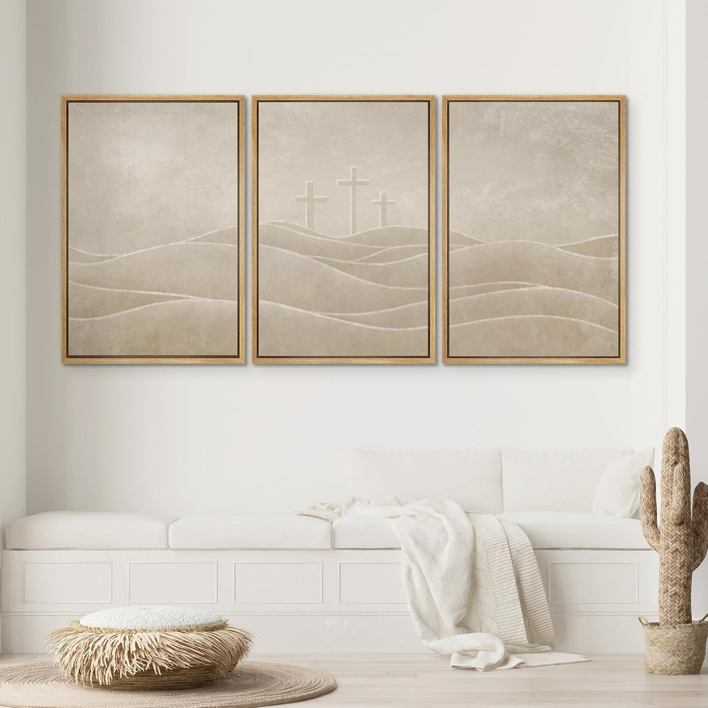 SIGNWIN Framed Canvas Print Wall Art Set Christian Cross Hill Minimalist Beige Religious Illustrations Modern Art Contemporary Minimal Ultra for Living Room, Bedroom, Office - 24'x36'x3 Natural